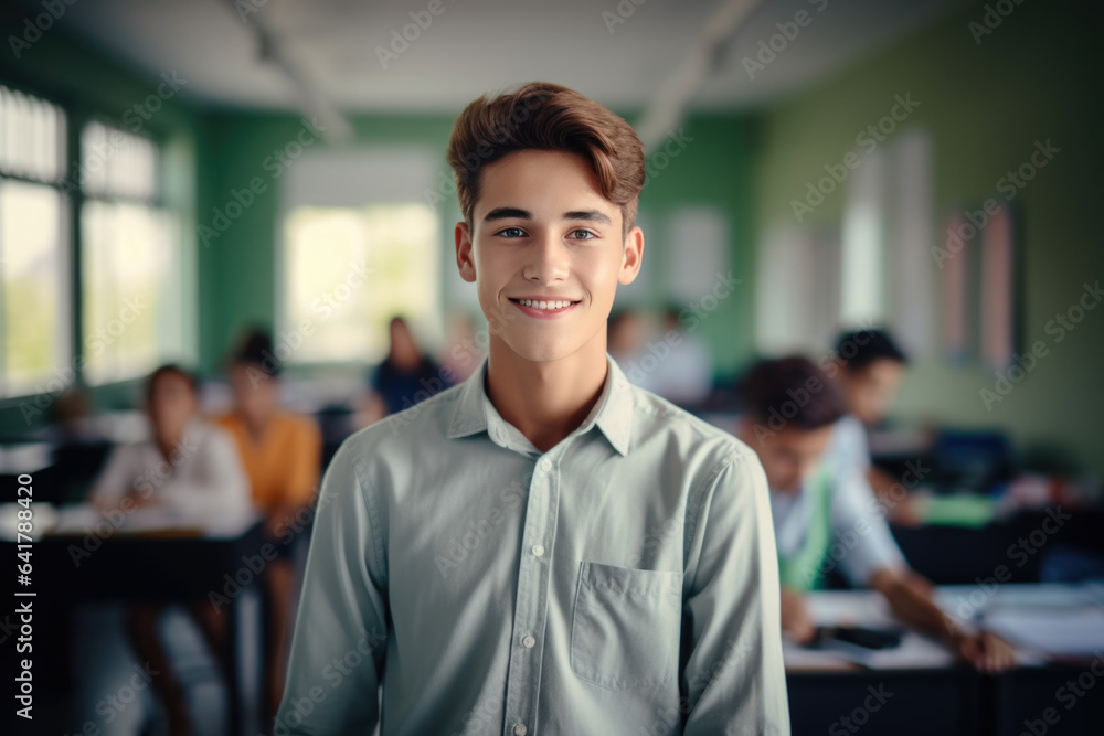 Obraz premium Student boy dressed in shirt in high school classroom