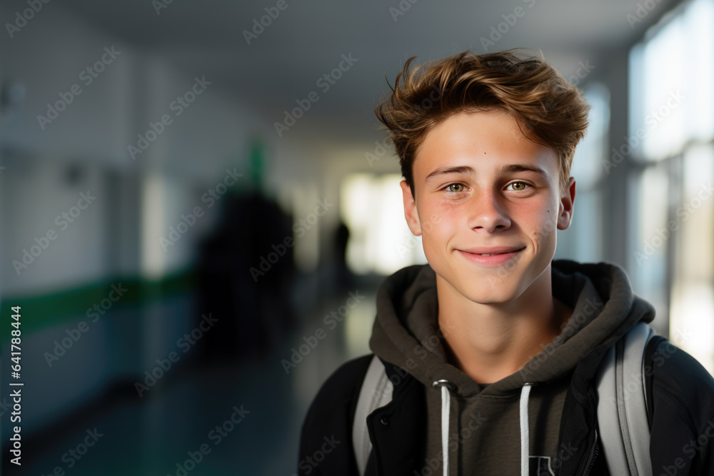 Student boy dressed in sweatshirt carrying a backpack in high school hallway Student boy dressed in sweatshirt carrying a backpack in high school hallway