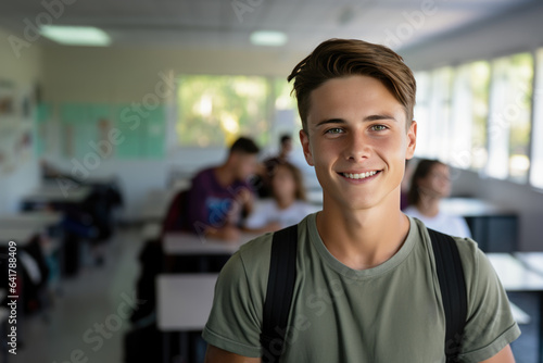 Student boy dressed in t-shirt carrying backpack in high school classroom