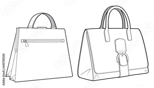 Lady handbag flat sketch fashion illustration drawing template mock up, Top handle kelly bag cad drawing. ladies Handheld bag flat sketch vector