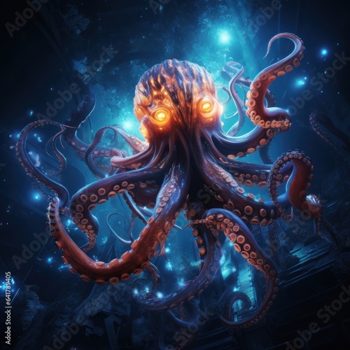 A neon blue space octopus with glowing tentacles gracefully swimming among glowing space debris