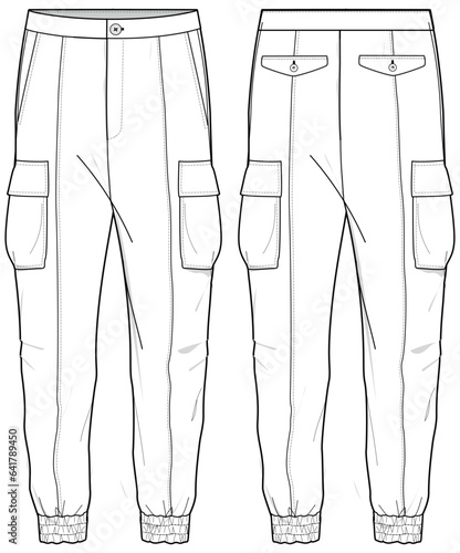 Men's Cargo Jogger bottom front and back view flat sketch fashion illustration, Knitted track cargo pants vector template, Sweatpants design