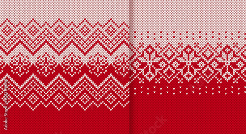 Red knitted geometrical pattern. Red and white Christmas seamless ornament. Fair isle traditional holiday background. Xmas print border. Festive sweater. Vector illustration.