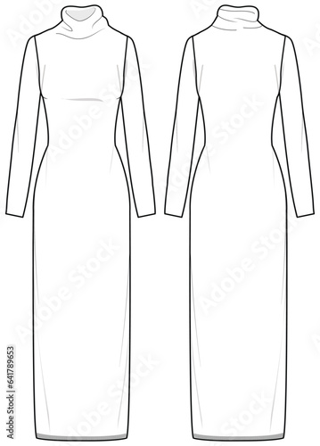 Women high neck column knit dress design flat sketch fashion illustration with front and back view, long sleeve turtle neck dress drawing vector template