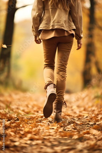 Legs of a woman who walks in a park in autumn, with autumn leaves and warm sunlight