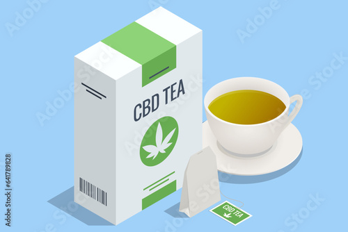 Isometric A cup of cannabis herbal tea with marijuana leaves. The therapeutic constituent of cannabis. Organic Cannabis Herbal Tea. Can be used for medical purposes for sleep and anxiety.