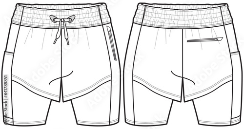 Women's Active shorts with compression leggings inner tight shorts front and back view flat sketch fashion illustration drawing, modest short vector template