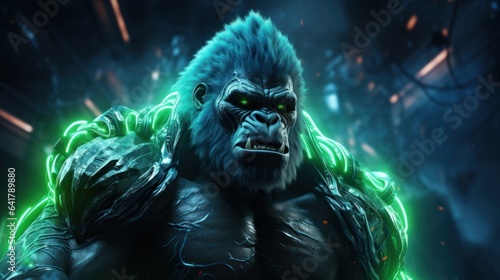 A neon green space gorilla standing on a neon blue meteor, its muscular form radiating an otherworldly aura
