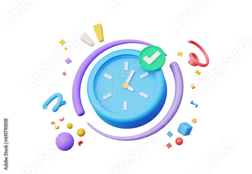 3D render, Minimal Alarm clock with colorful floating confetti isolated on transparent background, Management time and planning concept, reminder and notification. Wake up and sleep time.