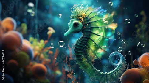 A neon green space seahorse floating amidst neon blue bubbles in a surreal space aquarium
