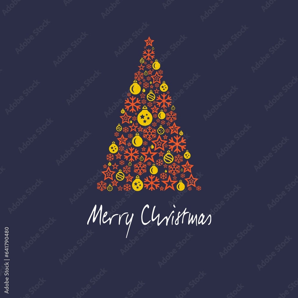 Squared purple Wish card Merry Christmas written in English in white font with yellow and orange Christmas tree with stars and Christmas' balls Squared purple Wish card Merry Christmas written in English in white font with yellow and orange Christmas tree with stars and Christmas' balls