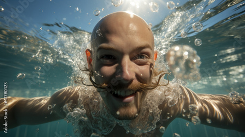 Bald freak man with moustaches swimming underwater in a pool with splashes of water.