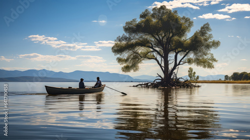 Couple rowing a boat on the lake with a tree in the background. © AS Photo Family