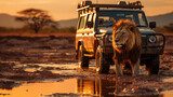 Lion against safari SUV car in the savanna of Etosha National Park in Namibia.