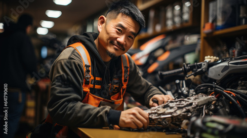 Portrait of asian mechanic repairing motorcycle in workshop. Motorcycle maintenance and repair concept.