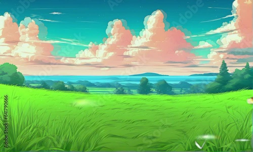 Narute landscape with lake, green forests and grass. Cartoon or anime watercolor painting illustration style. 4K timelapse Seamless looping video photo