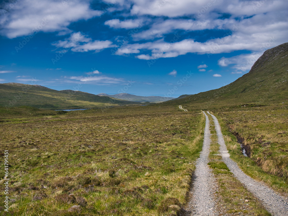 An access track winds through Glen Meavaig, home of the North Harris Eagle Observatory in the Outer Hebrides, Scotland, UK and some of the highest densities of breeding golden eagle in Europe.