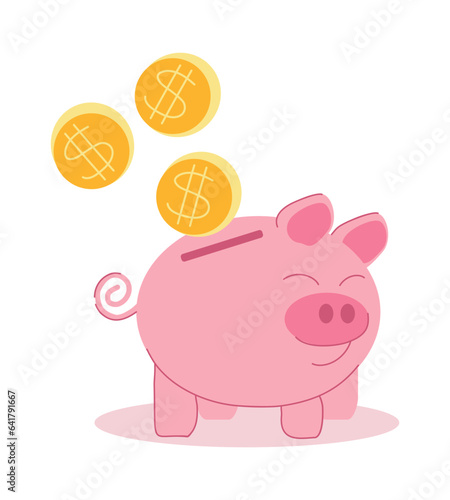 Piggy bank for money funny pig with gold coins with dollar sign. Vector illustration, isolated © Yulia Koroleva