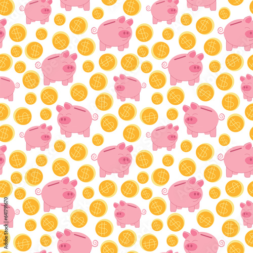 Seamless pattern piggy bank for money funny pig with gold coins with dollar sign. Vector illustration