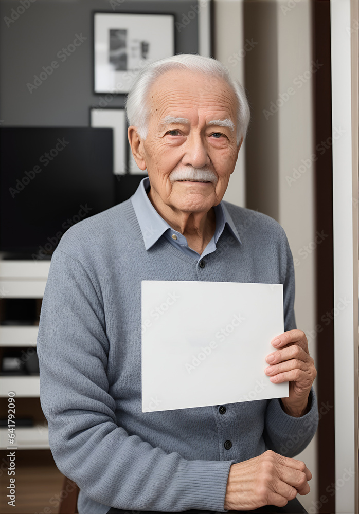 Elderly man showing in hands empty sheet of paper Elderly man showing in hands empty sheet of paper