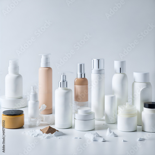 Set of luxury cosmetics bottles and cans over white background