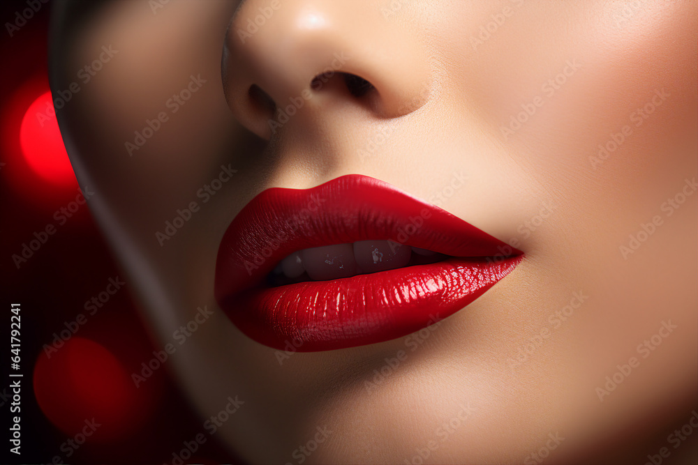 Close up of lips with bright lipstick Beautiful woman face make up cosmetics AI generative picture Close up of lips with bright lipstick Beautiful woman face make up cosmetics AI generative picture