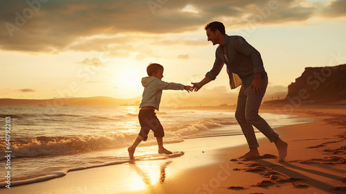 Father and son playing on a beach at sunset