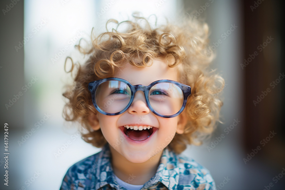 Photography of a cheerful positive adorable child wearing big stylish eyeglasses created by generative AI Photography of a cheerful positive adorable child wearing big stylish eyeglasses created by generative AI