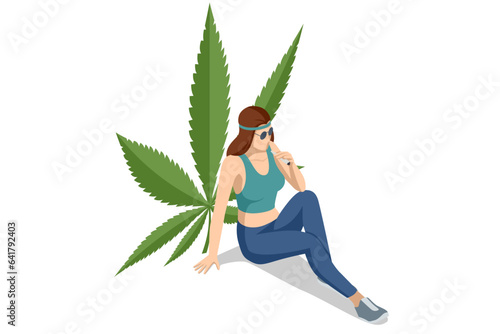 Isometric CBD vending machine. Hippie style woman smoking cigarettes with medical marijuana