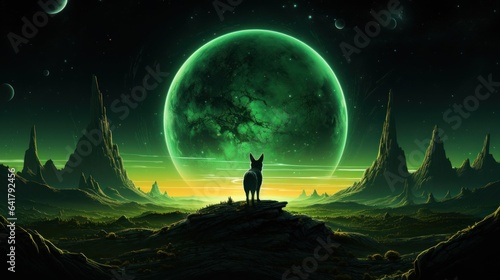 A neon yellow space fox bounding across a neon green moon, its vibrant colors contrasting with the lunar landscape photo