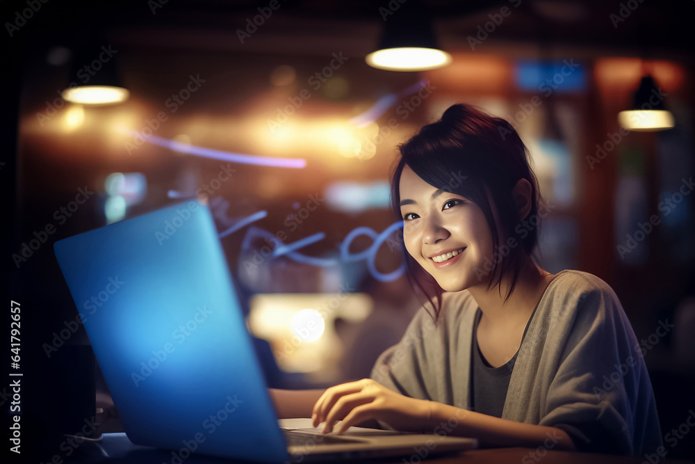 Amidst a high-tech ambiance bathed in the dazzling hues of colorful lights and vibrant technology effects, a young technologist woman is seated. Generative AI. Amidst a high-tech ambiance bathed in the dazzling hues of colorful lights and vibrant technology effects, a young technologist woman is seated. Generative AI.