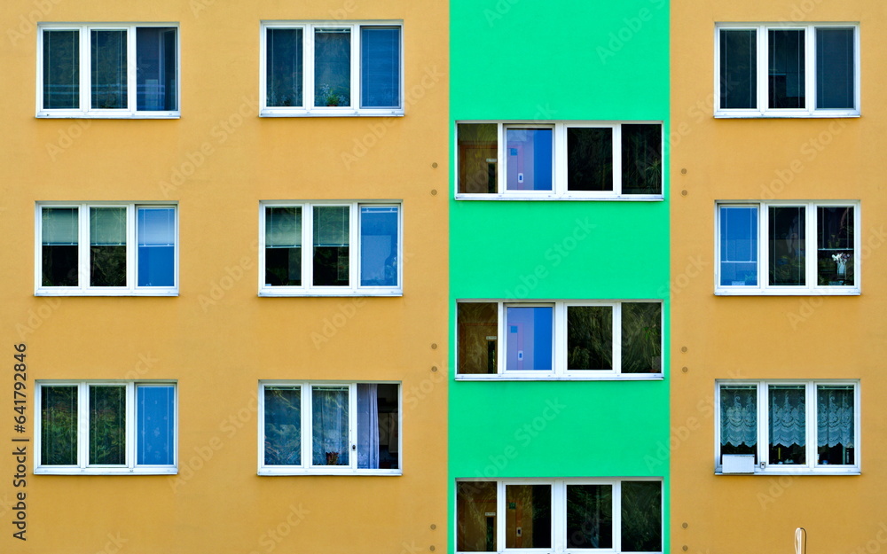 Colourful block of flats in residential area. Geometric lines. Roznov pod Radhostem. Czech republic.