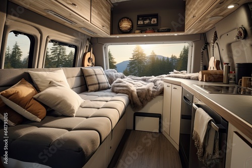 Campervans interior for relax , wunderlife and getting away in forest. Generative AI. © svetlana_cherruty
