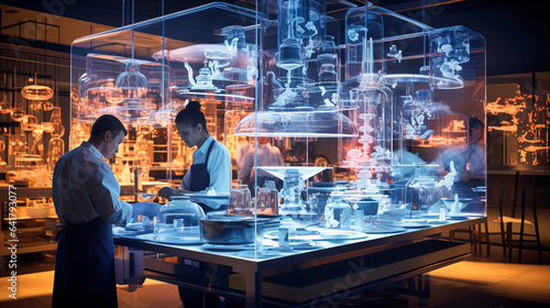 A culinary lab where chefs and robots collaboratively craft dishes using molecular gastronomy techniques