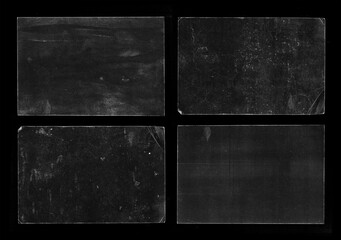 Set of Old Black Empty Aged Vintage Retro Damaged Paper Cardboard Photo Card. Blank Frame. Rough Grunge Shabby Scratched Texture. Distressed Overlay Surface for Collage