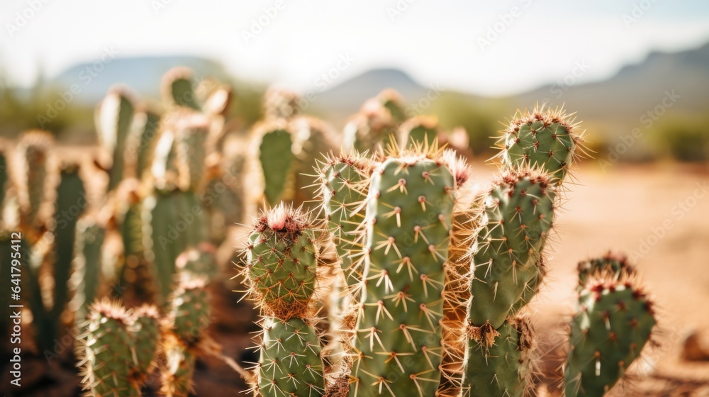 Hardy desert cacti and succulent plants thriving in hot dry sun, climate resilient, uninhabited region - generative AI Hardy desert cacti and succulent plants thriving in hot dry sun, climate resilient, uninhabited region - generative AI