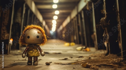 Steampunk toy doll with living alone in a dismal abandoned industrial factory, future dystopia after last humans disappeared, somber gloomy mood - generative AI