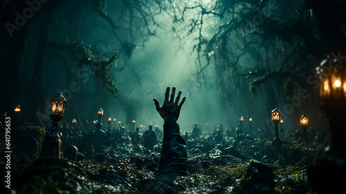 Foto Haunting Halloween, zombie hand emerging from the burial ground