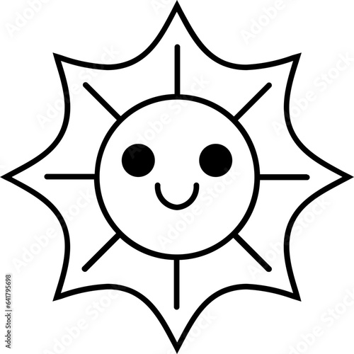 Icône toute mignonne d'un soleil avec un visage style smiley, illustration composée de lignes noires, vecteur modifiable, météo du ciel, chaleur et canicule