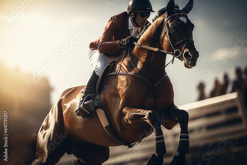 Jumping racehorse with rider on hippodrome. Performance at equestrian competitions