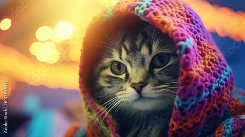 Cat wearing a cozy colorful knitted poncho, indoor evening with cool neon illuminating lights, trendy and cute animal portrait - generative ai 