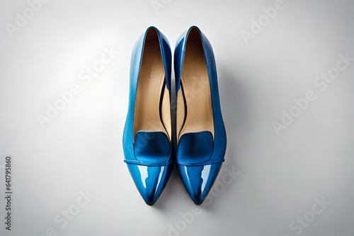 closeup of A pair of women's blue patent court shoes on a white background, overhead view. 