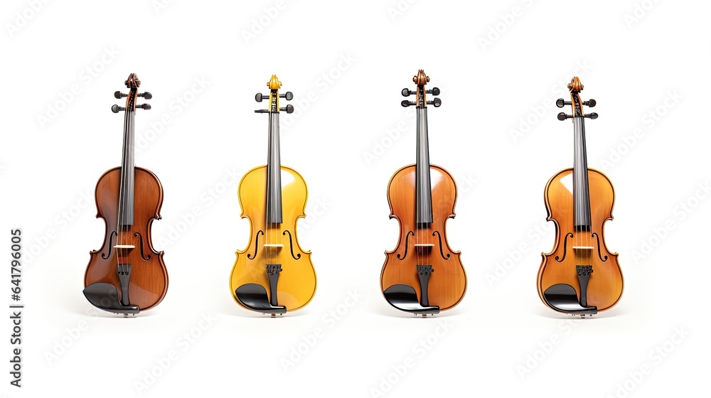 Fototapeta premium Image of four violins of different colors on a white background.