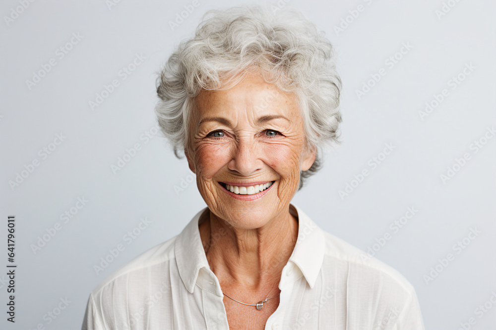 Generative ai collage image picture of aged lady happy smiling over grey background Generative ai collage image picture of aged lady happy smiling over grey background