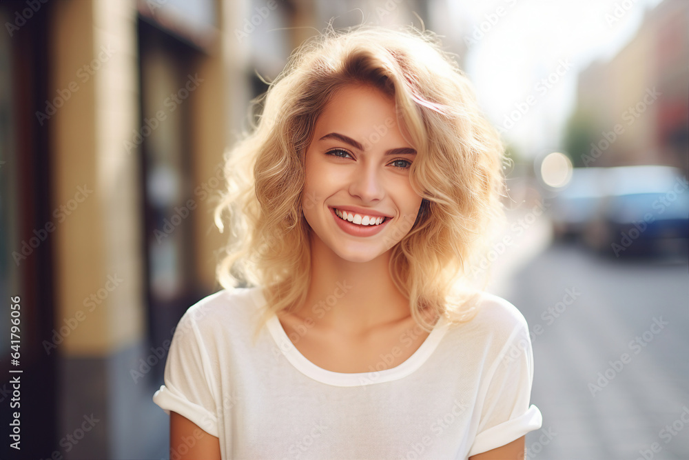 Fototapeta premium Generative AI picture of young attractive woman in the city lights backdrop