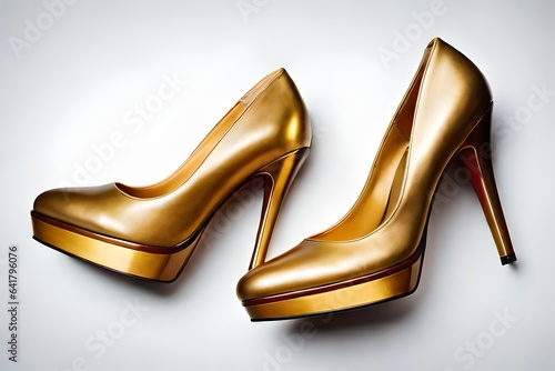 closeup of a pair of Retro gold high heels on white background, overhead view. 