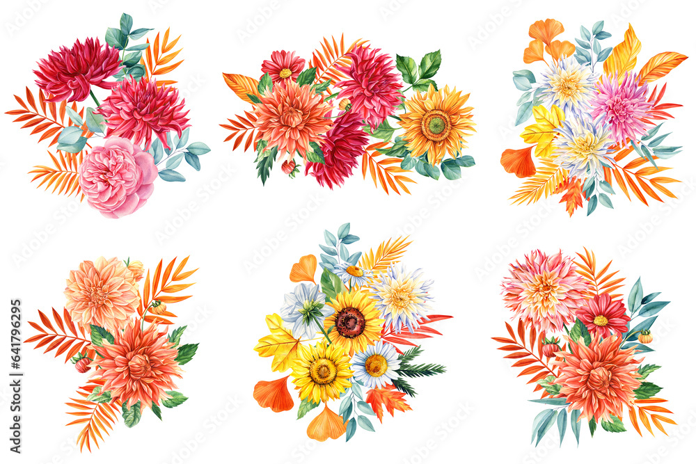 Set flowers. Dahlia, sunflower, autumn orange leaves, eucalyptus. Floral bouquet isolated background. Flora design