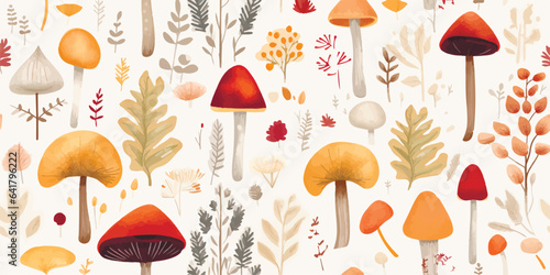 Seamless pattern with autumn leaves and tree branches. Repeatable background with fall mushrooms, chestnut, berries, acorn and foliage. Flat vector illustration of beautiful aspen, and oak leaf