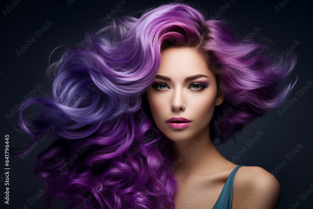 Generative AI portrait of natural beauty woman model showing flattering bright violet dyed hairstyle Generative AI portrait of natural beauty woman model showing flattering bright violet dyed hairstyle