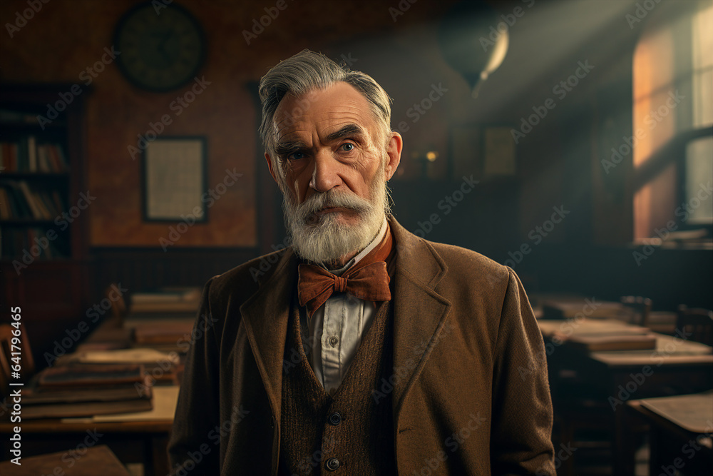Portrait of smiling handsome old man instructor lecturer in class room educational background sunny day generative AI Portrait of smiling handsome old man instructor lecturer in class room educational background sunny day generative AI